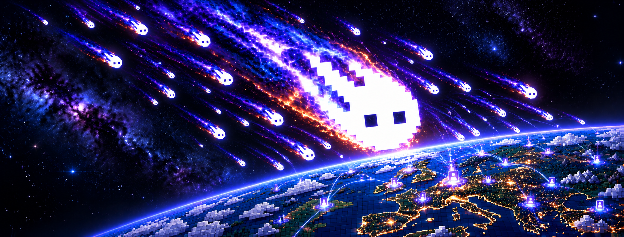 A Zunas comet swarm descending toward a pixel-art Earth and glowing lead network